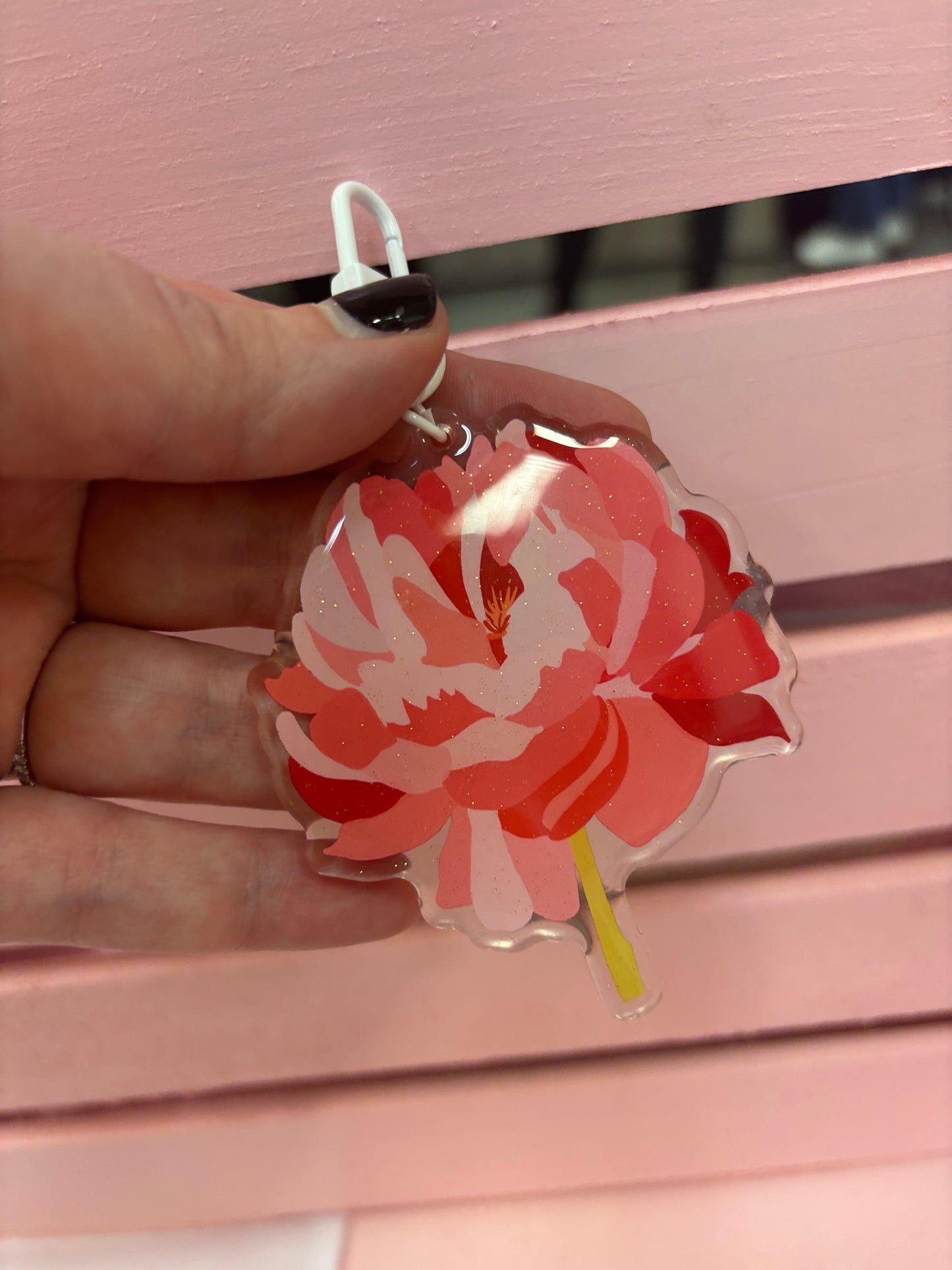 Painted peony sparkly acrylic keychain charm