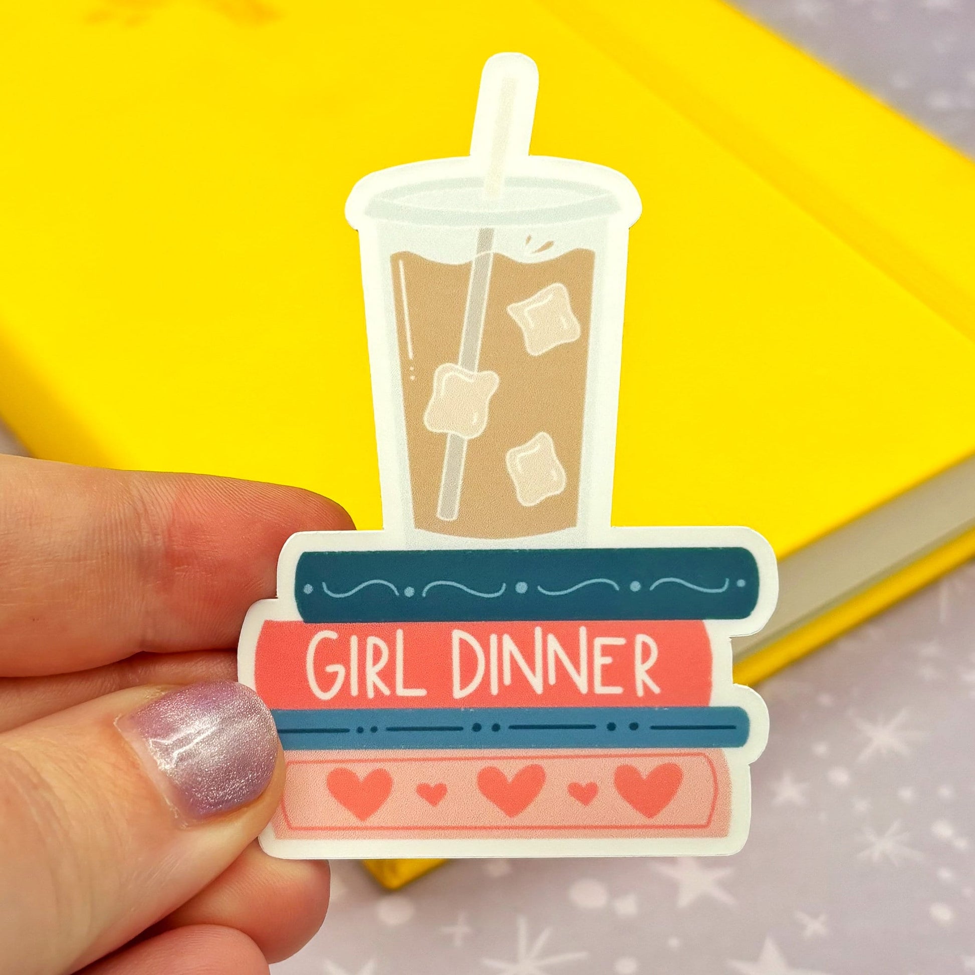 Girl Dinner Books and Iced Coffee matte water resistant vinyl sticker for book lover