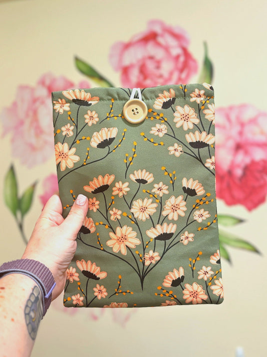 Green and Pink Florals Padded Book and Kindle Sleeve for Reading Lover