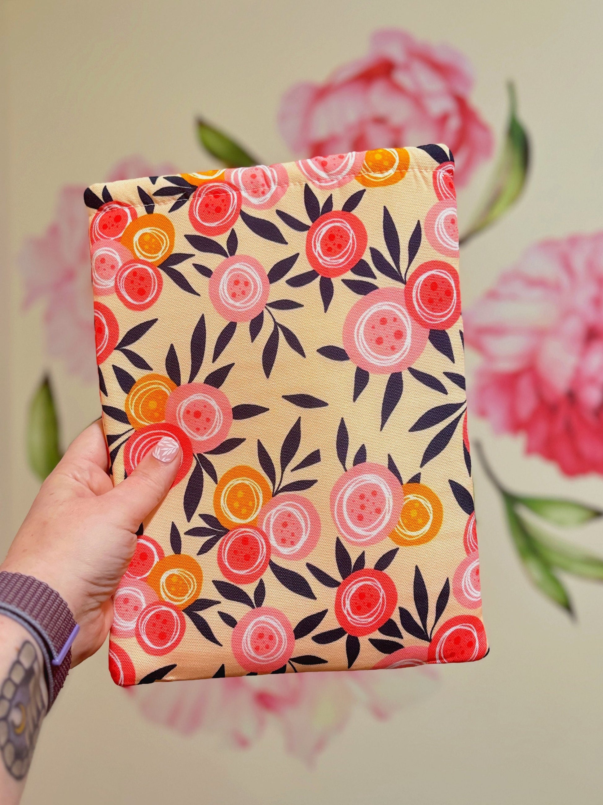 Pinks Round Florals Padded Book and Kindle Sleeve for Reading Lover