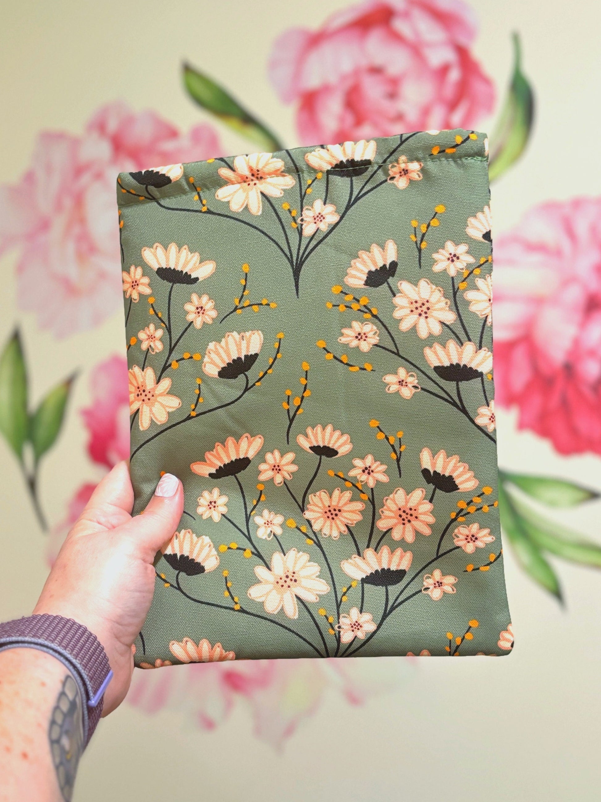 Green and Pink Florals Padded Book and Kindle Sleeve for Reading Lover