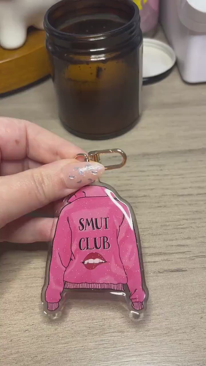 Smut Club Pink Jacket Sparkly Acrylic Keychain Charm for Book Lover