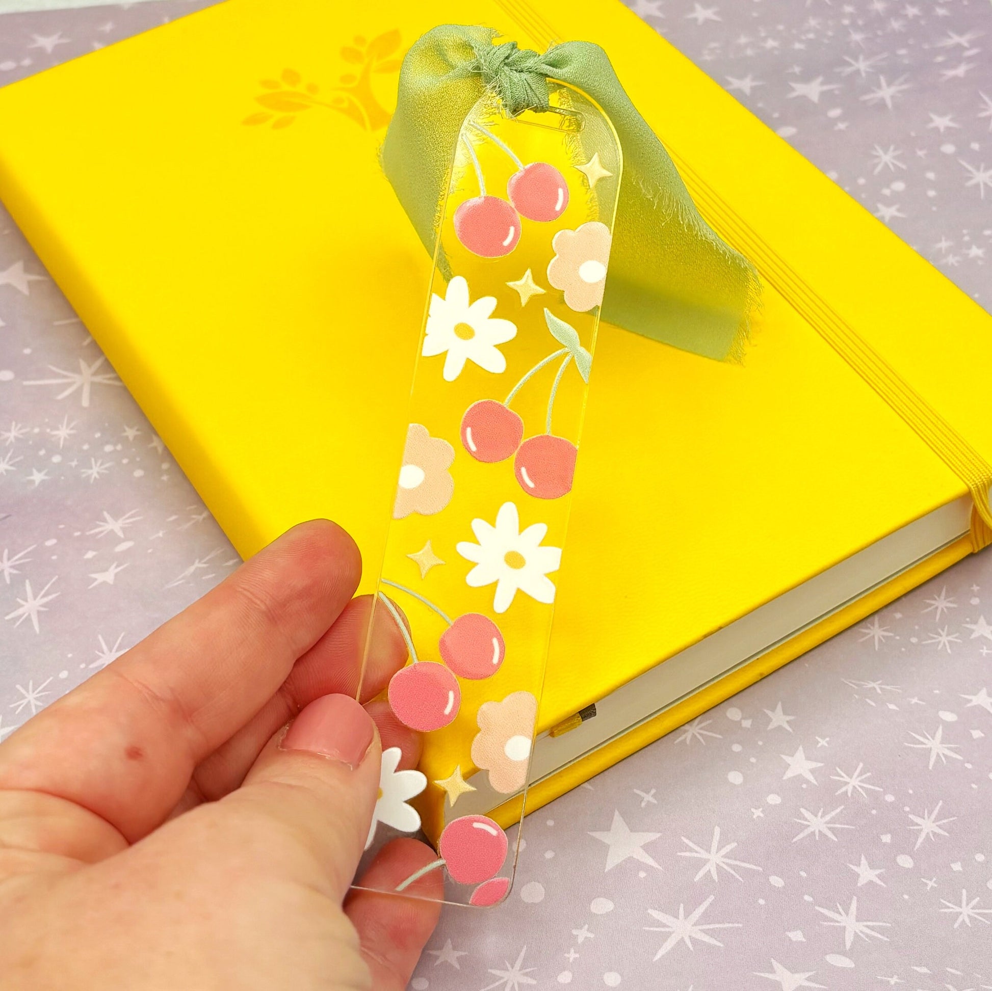 Cherries and Flowers Cute Acrylic Bookmark with Chiffon Ribbon