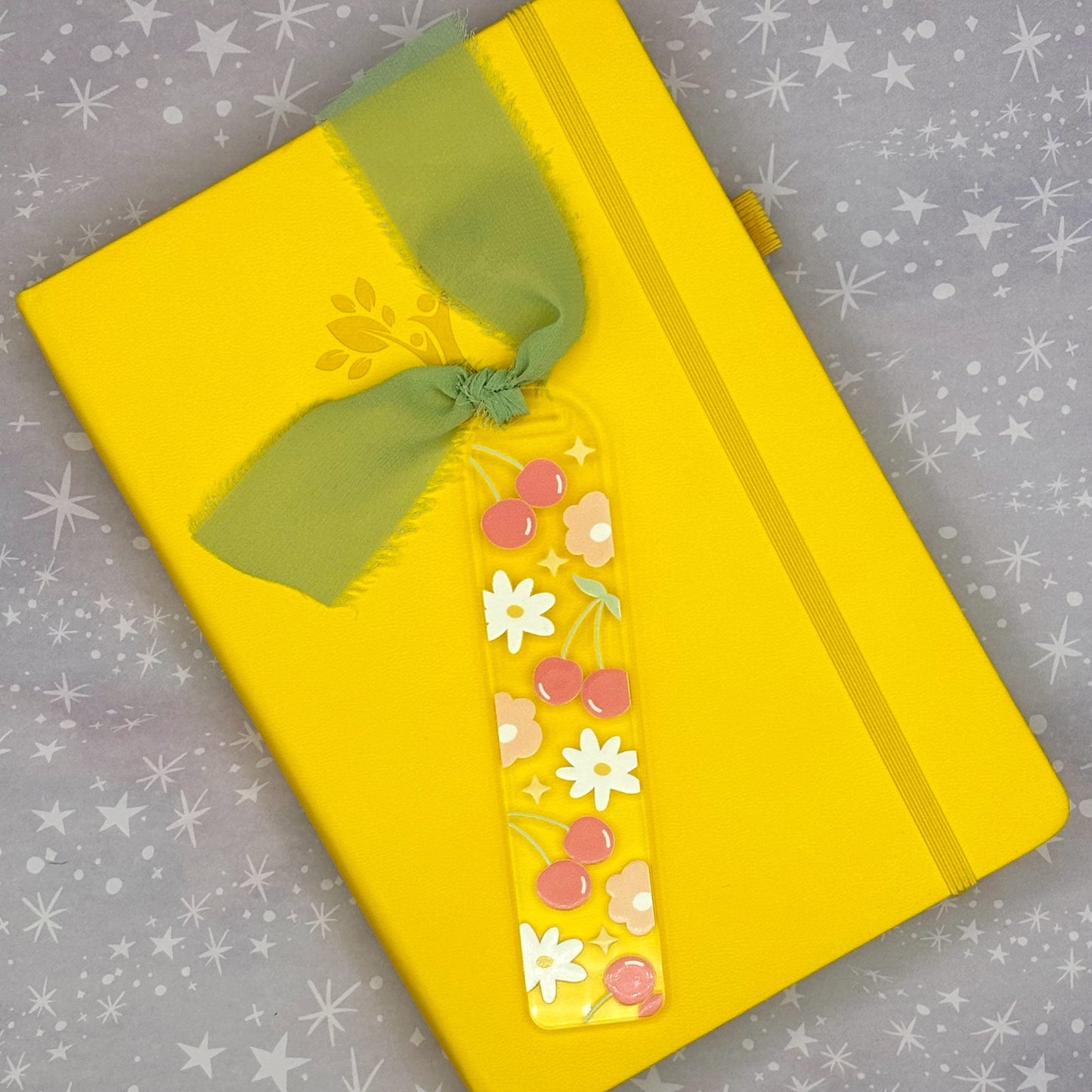 Cherries and Flowers Cute Acrylic Bookmark with Chiffon Ribbon